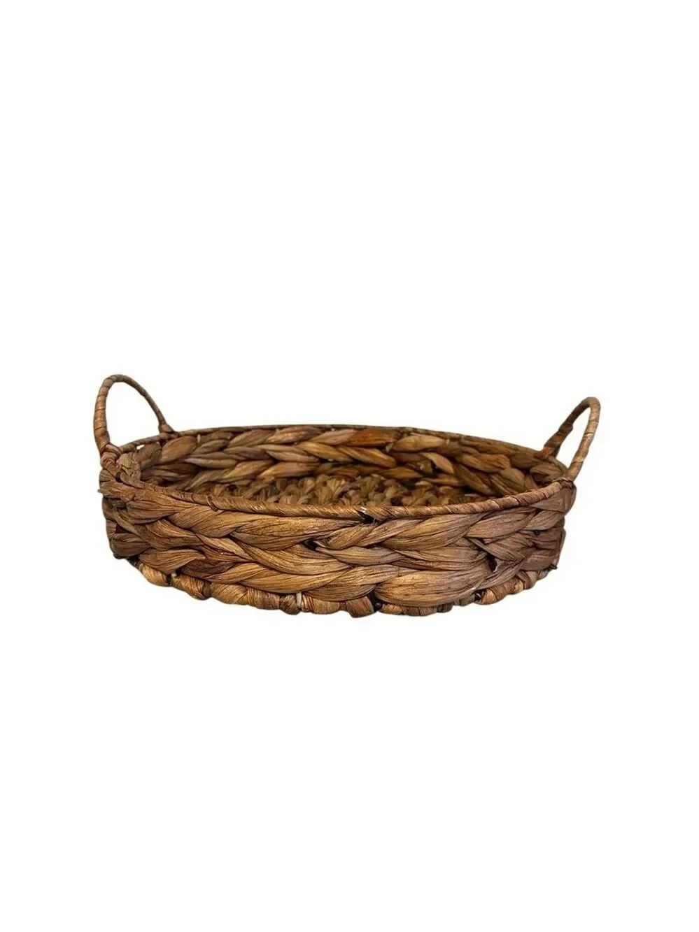 Round Arrow Weave Woven Serving Tray Basket Handles Handmade Brown